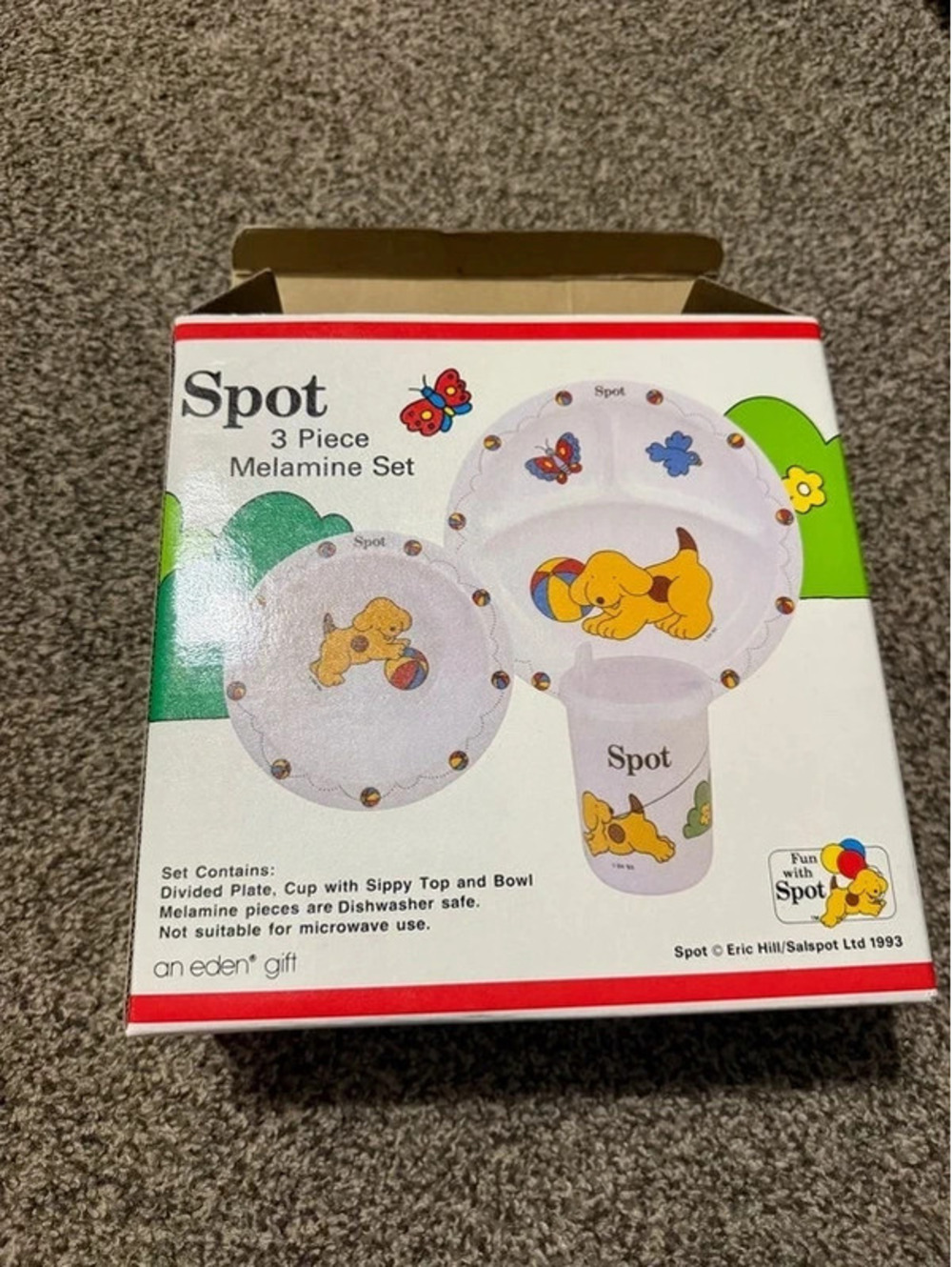 Vintage 1990s Eden Spot the Dog 3 Piece Melamine Dinnerware Set Boxed Eric Hill